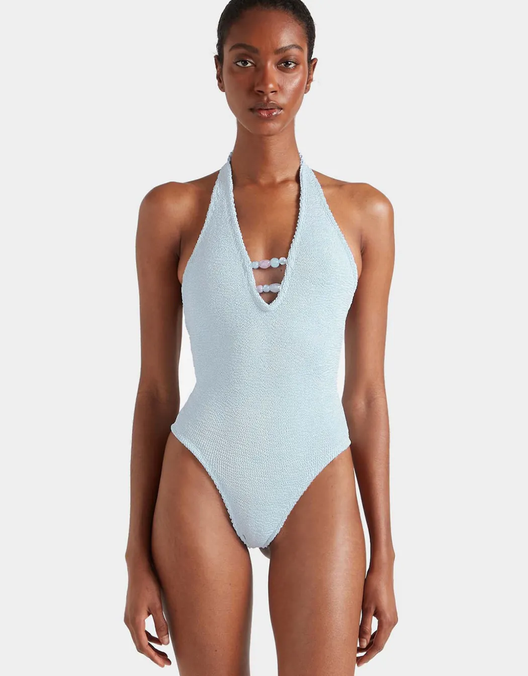 Adriana Beaded Swimsuit - Metallic Ice Blue
