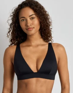 Beach Club Solids Banded Tall V Neck Bra Bikini Top - Black