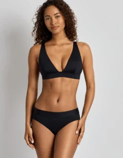 Beach Club Solids Banded Tall V Neck Bra Bikini Top - Black