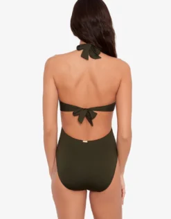 Beach Club Solids Cut Out Halter Swimsuit - Olive