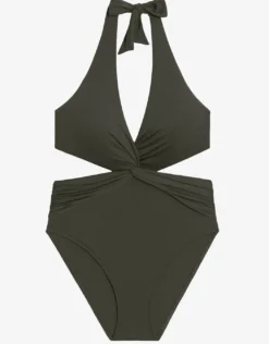 Beach Club Solids Cut Out Halter Swimsuit - Olive