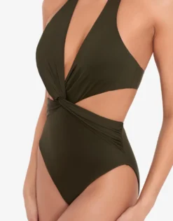 Beach Club Solids Cut Out Halter Swimsuit - Olive