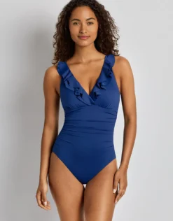 Beach Club Solids Ruffle Surplice Underwired Swimsuit - Blue Saturn