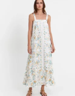 Blossom Wide Strap Dress - White and Multi Green
