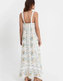 Blossom Wide Strap Dress - White and Multi Green