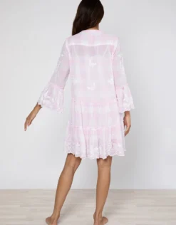 Butterfly Gingham Flared Sleeve Dress - Pink