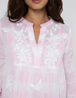 Butterfly Gingham Flared Sleeve Dress - Pink
