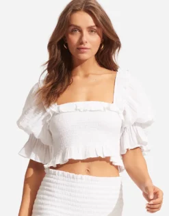 Caspian Shirring Top - White