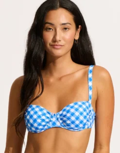 Ciao Bella Check Ruched Underwired Bikini Top - Azure