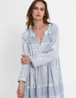 Classic Triangle Long Sleeve Maxi Dress - Light Grey and Champagne