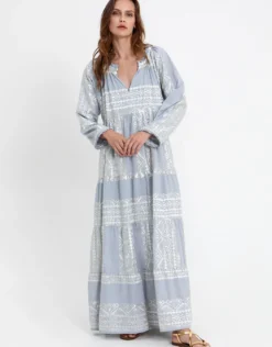 Classic Triangle Long Sleeve Maxi Dress - Light Grey and Champagne