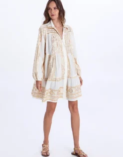 Classic Triangle Long Sleeve Mini Dress - White and Gold