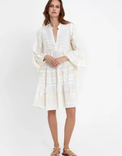 Classic Triangle Long Sleeve Dress - White and Champagne