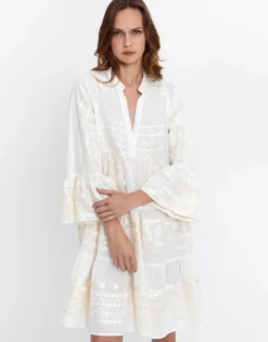 Classic Triangle Long Sleeve Dress - White and Champagne