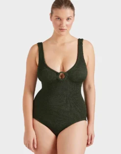 Coverage Celine Swimsuit with Tonal Hoop - Metallic Khaki