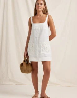 Creme Embroidered Shift Mini Dress - White
