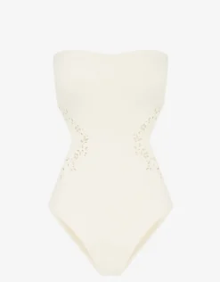 Creme Memoir Embroidered Strapless Swimsuit - White