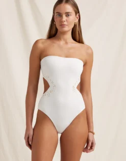 Creme Memoir Embroidered Strapless Swimsuit - White