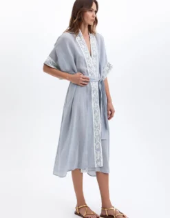 Crete Midi Kimono - Light Grey and Champagne