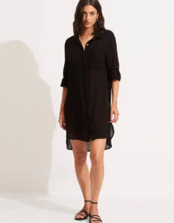 Crinkle Twill Beach Shirt - Black