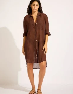 Crinkle Twill Beach Shirt - Dark Chocolate