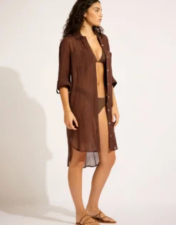 Crinkle Twill Beach Shirt - Dark Chocolate
