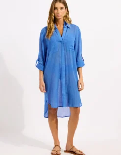 Crinkle Twill Beach Shirt - Sapphire