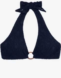 Crochet Rattan Ring Halter Bikini Top - Navy