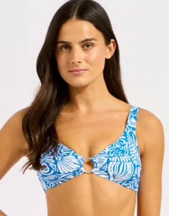 C Shells Ring Front Tank Bikini Top - Sapphire