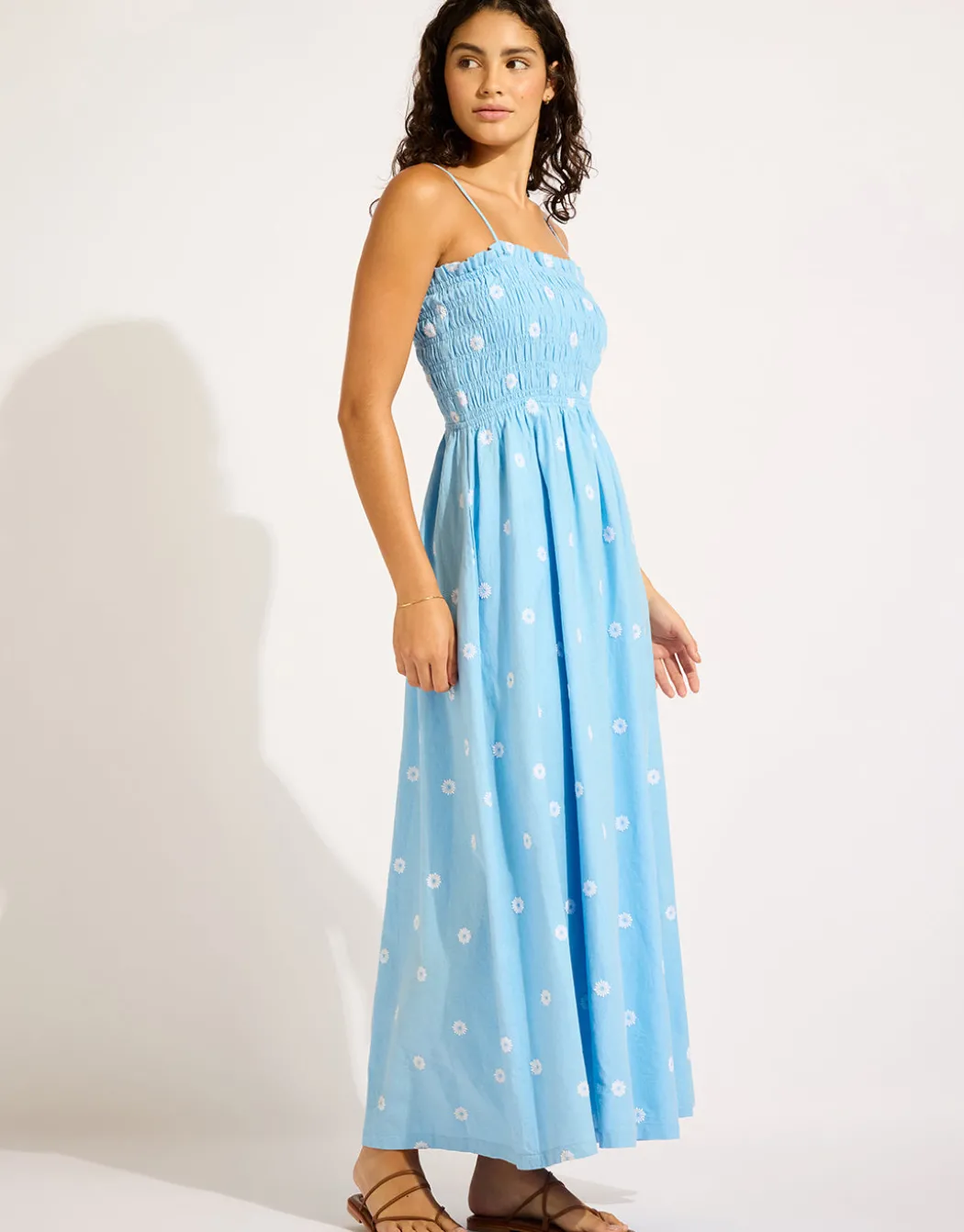 Daisy Chain Shirred Maxi Dress - Powder Blue