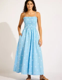 Daisy Chain Shirred Maxi Dress - Powder Blue
