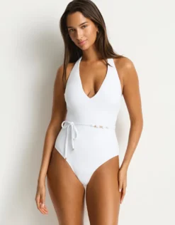 De Luxe V Neck Halter Swimsuit - White