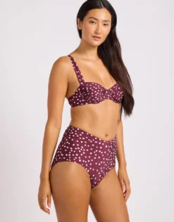Dolce Dot Ruched Band High Waist Bikini Pant - Dark Burgundy