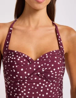 Dolce Dot Twist Halter Tankini Bikini Top - Dark Burgundy