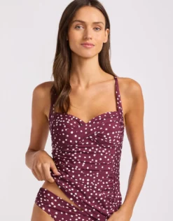 Dolce Dot Twist Halter Tankini Bikini Top - Dark Burgundy
