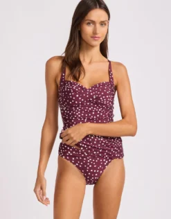 Dolce Dot Twist Halter Tankini Bikini Top - Dark Burgundy