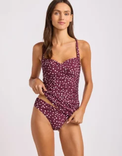 Dolce Dot Twist Halter Tankini Bikini Top - Dark Burgundy
