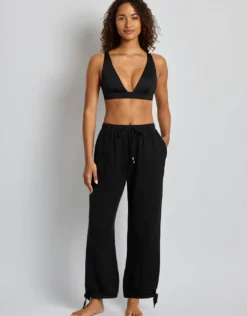 Double Gauze Ankle Tie Pant - Black