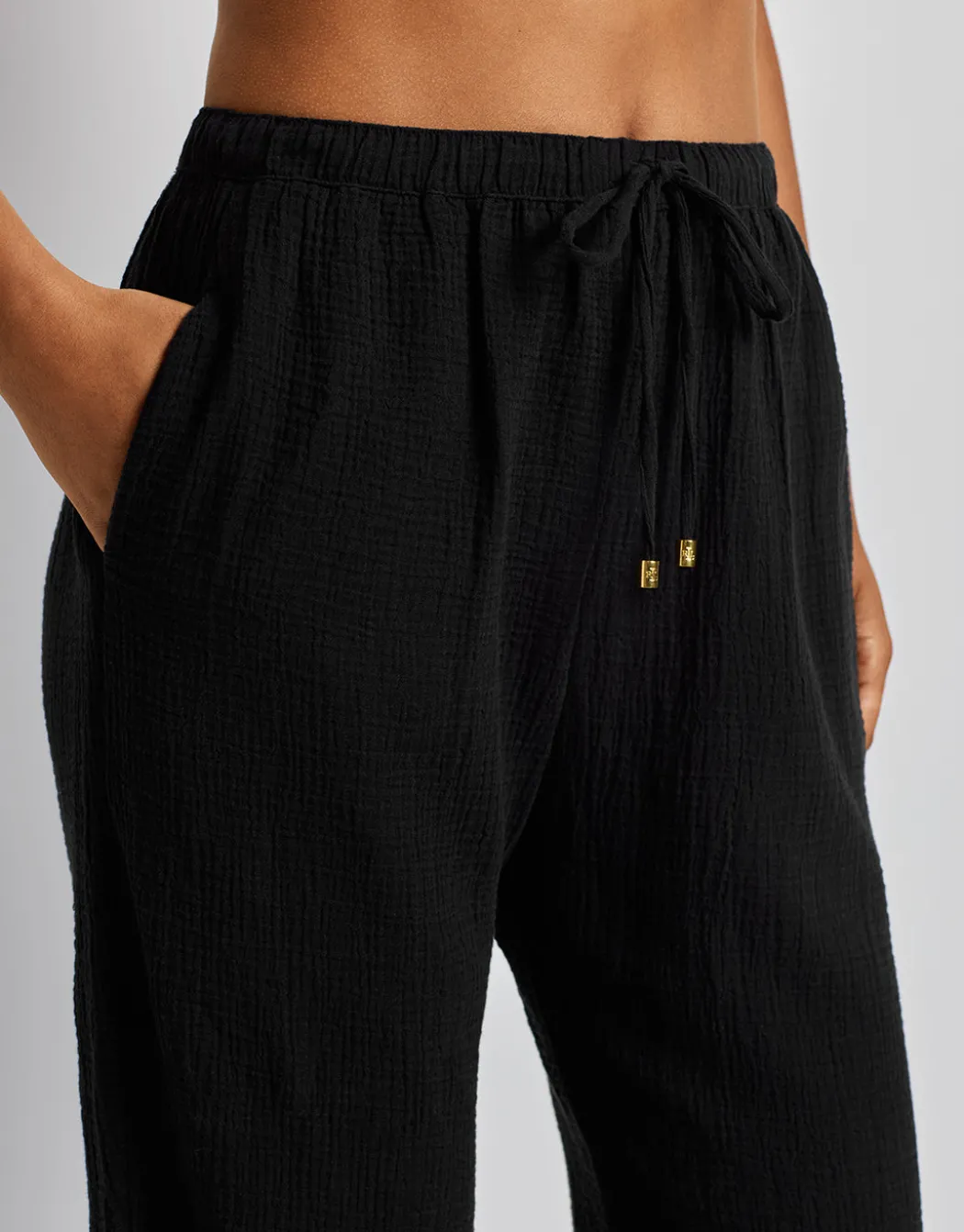 Double Gauze Ankle Tie Pant - Black