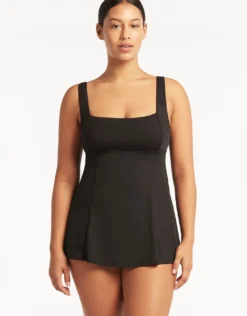 Essentials Square Neck Swim Dress - Black
