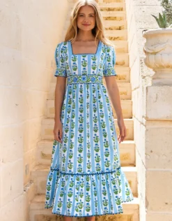 Evelyn Dress - Sky Lily Stripe