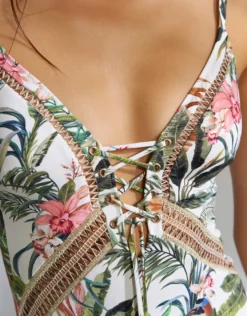 Exotic Dive Lace Up Plunge Swimsuit - Retro Tropics