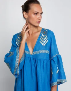 Feather Bell Sleeve Kaftan - Blue Raf and Gold