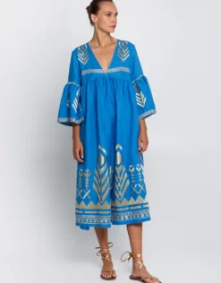 Feather Bell Sleeve Kaftan - Blue Raf and Gold