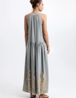 Feather High Neck Dress - Stone and Gold