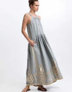 Feather High Neck Dress - Stone and Gold