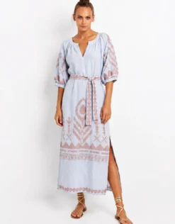 Feather Kaftan Dress - Light Grey and Pink Bronze