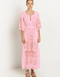 Feather Kaftan Dress - Pink and Pink Bronze