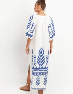 Feather Kaftan Dress - White and Blue