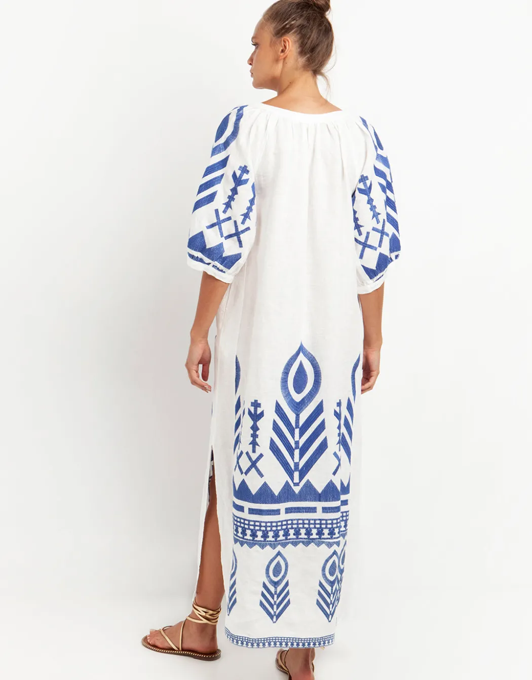 Feather Kaftan Dress - White and Blue
